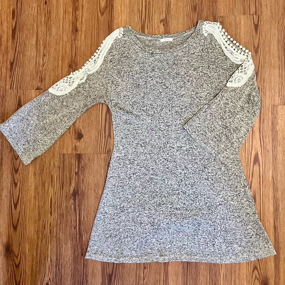 12 Pm By Mon Ami Heather Gray Dress with Cream Lace